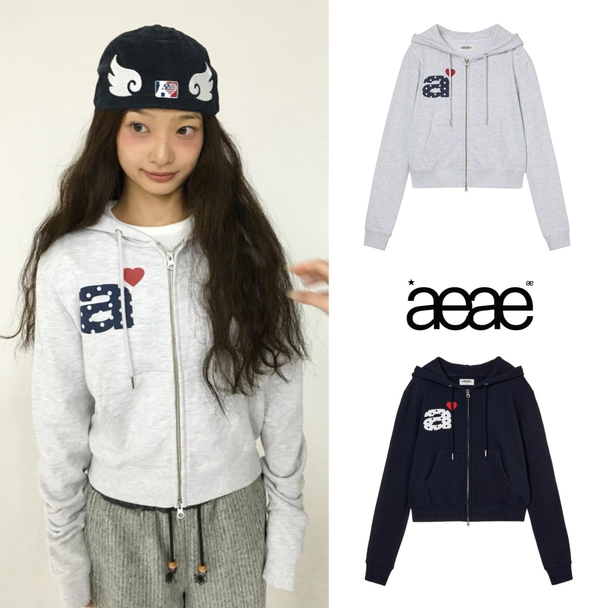 Aeae Korean Niche Trendy Brand College Style Letter Heart Print Short Hooded Zip-Up Cardigan Sweatshirt Jacket for Women