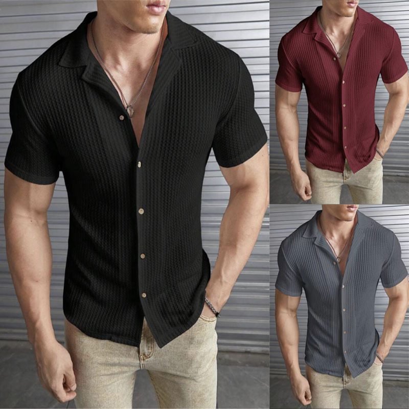 European and American Summer New Men's Shirts, Waffle Knit T-Shirts, Fashionable Casual Slim-Fit Tops, Stylish Shirts European and American Summer New Men's Shirts, Waffle Knit T-Shirts, Fashionable Casual Slim-Fit Tops, Stylish Shirts