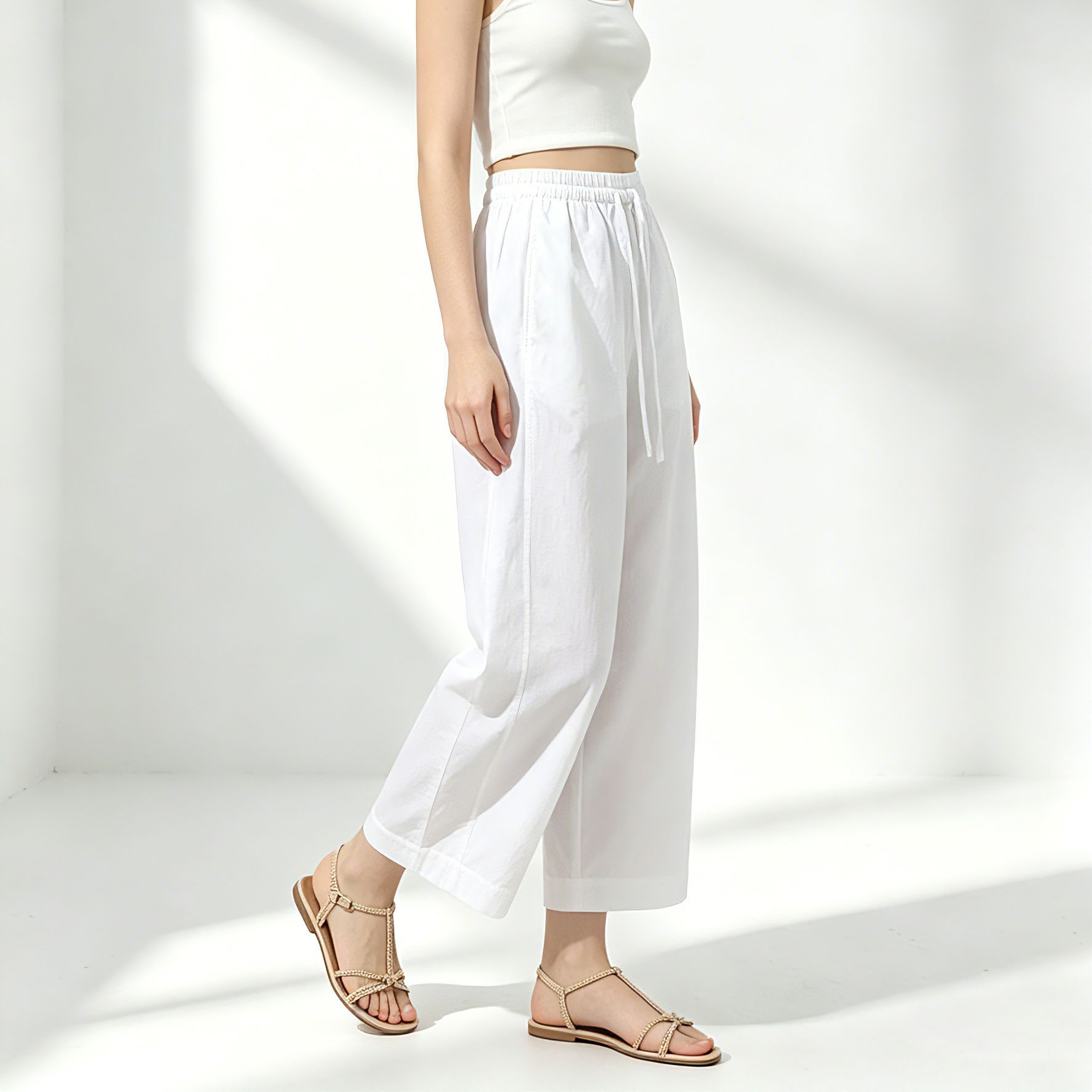 Quần culottes nữ ống rộng cạp thun dây rút, dáng suông rộng, dài 9 phần, chất cotton mềm mại — Ben trắng chi tiết 4