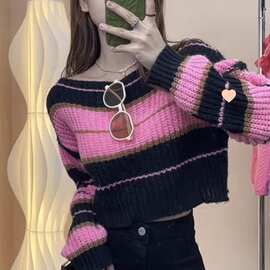 女年新款短款撞色显瘦外穿条纹毛衣针织衫别致长袖秋冬季上衣