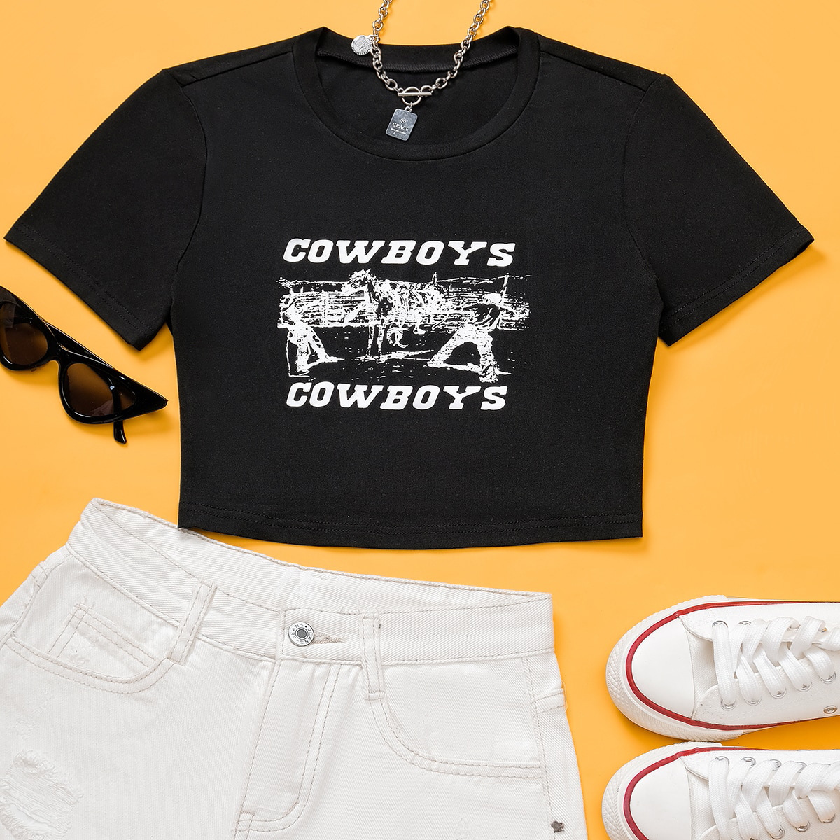 Cowboys Western Denim Printed Short Sleeve T-Shirt NSGMY74783