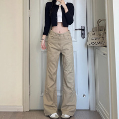 カーキマイクロフレアオーバーオール女性の秋冬の新しいデザインハイウエストルーズワイドレッグスリムストレートジーンズ