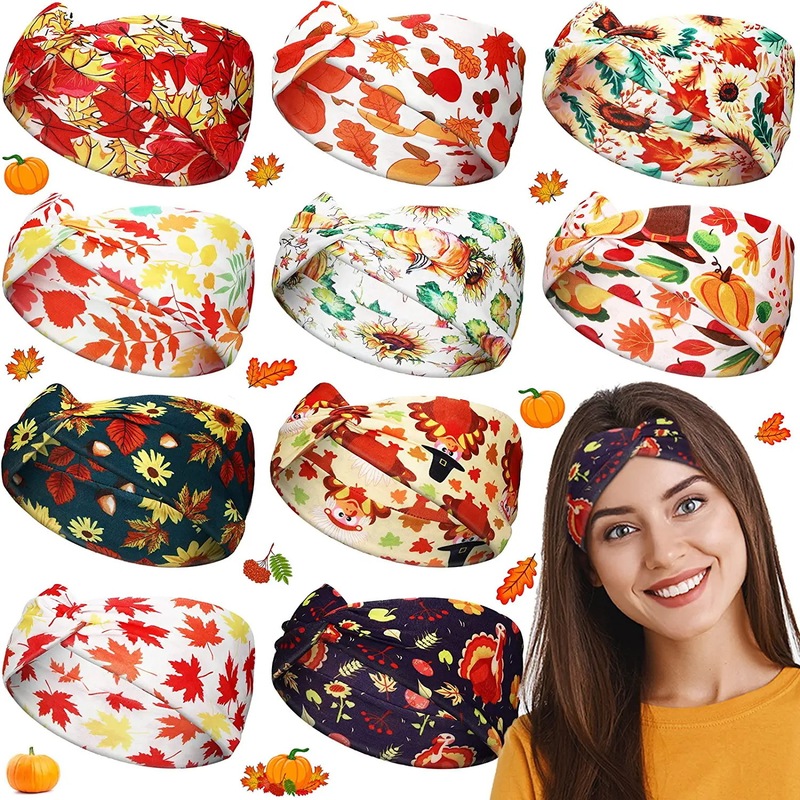 Cross-Border European and American Thanksgiving Printed Maple Leaf Pumpkin Candy Sweat-Absorbent Yoga Running Sports Hairband Headband Cross-Border European and American Thanksgiving Printed Maple Leaf Pumpkin Candy Sweat-Absorbent Yoga Running Sports Hairband Headband