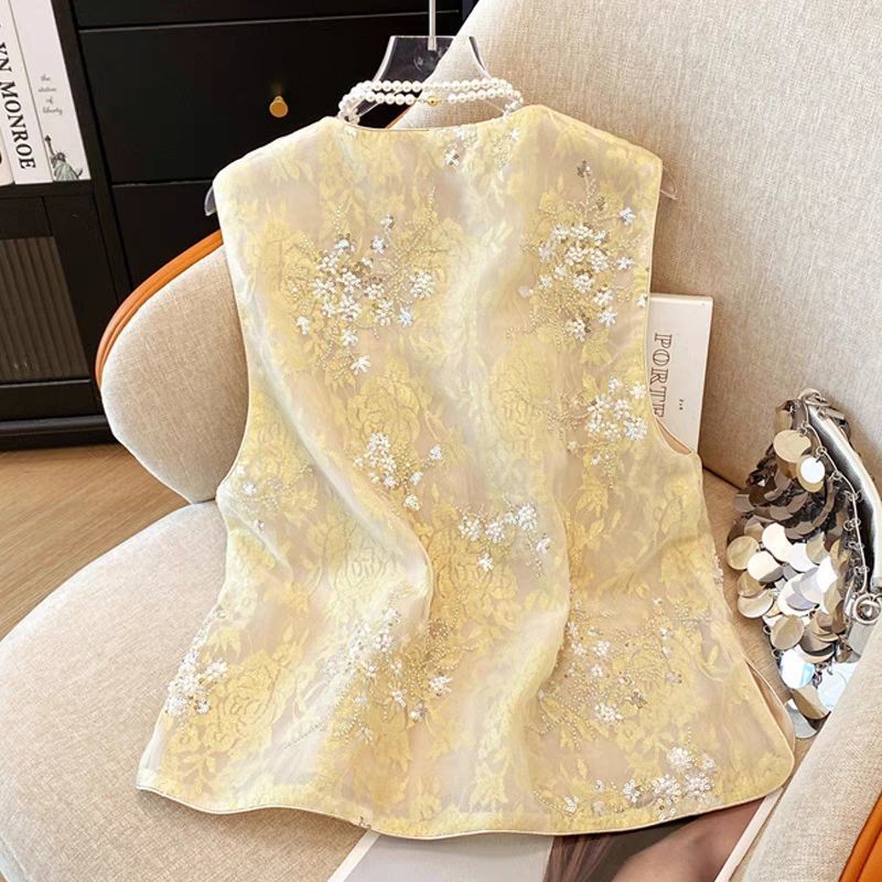Heavy Bead Flower Embroidery Sequin Fashion Age-Reducing Vest New Chinese Style Summer Organza Vest Sleeveless Waistcoat for Women