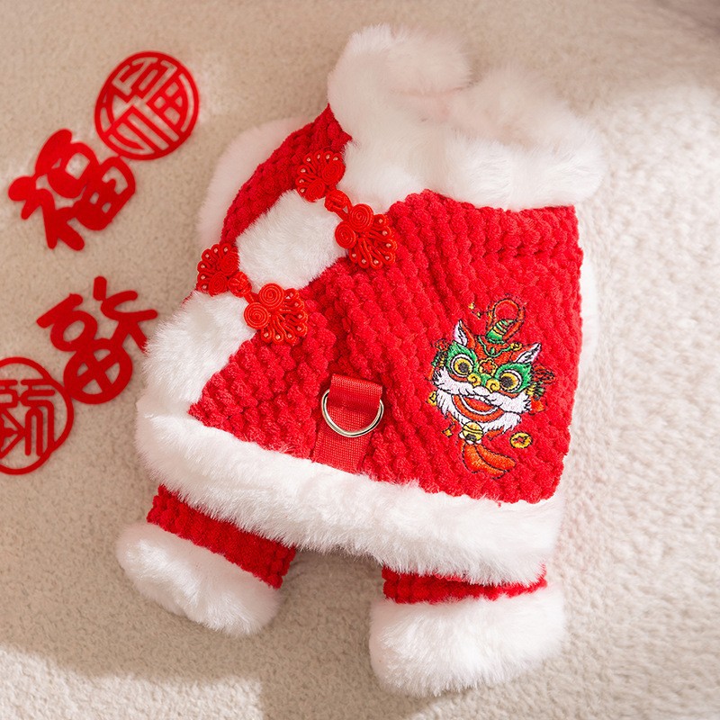 Año nuevo mascota Tang traje León danza pareja ropa de algodón acolchado ropa de Año Nuevo ropa de perro festivo gato dos pies ropa de perro caliente