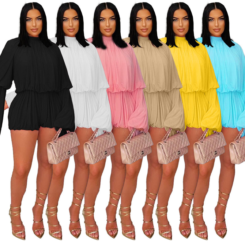 L5553 European and American Women's Casual Pure Color Ruffled Shorts Fashion Women's Summer Round Neck Lantern Sleeve Pure Color Two-Piece Set