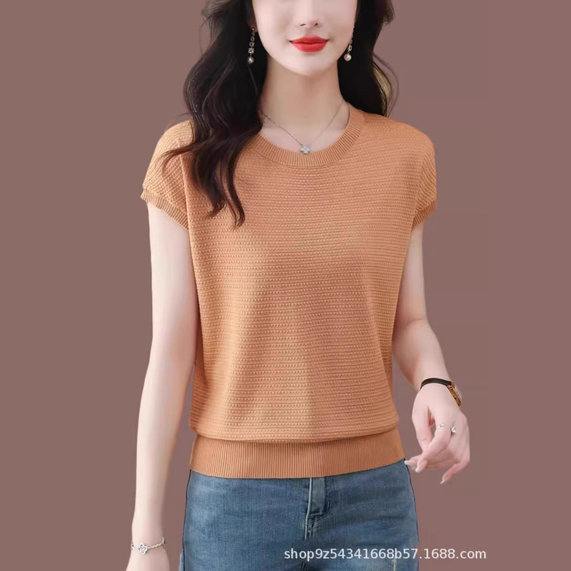 ママの夏のニットウェアレディースTシャツ半袖夏薄手のニットウェア高級アイスシルクトップ|undefined