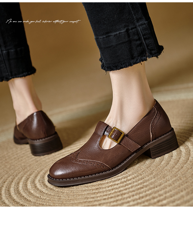 Giày Mary Jane nữ quai chữ T da bò gót dày phong cách brogue — màu nâu chi tiết 17