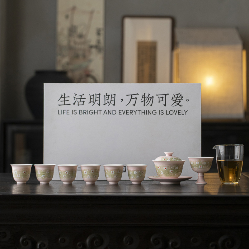 墨己万物可爱日式手绘樱粉菀生粉引茶具套组功夫茶具家用礼盒整套|undefined