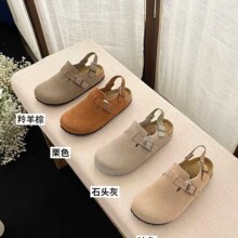 河南桑坡纯原勃肯包头半拖皮带扣松紧软木舒适慵懒拖鞋女款休闲鞋