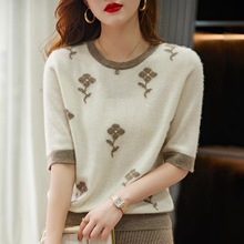 散发着优雅感！花朵提花圆领羊绒短袖女衫针织毛衣早秋新款