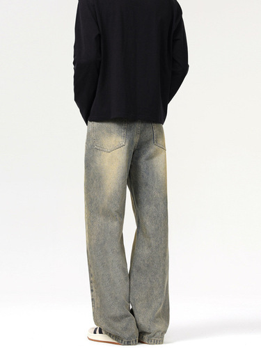 LKTM Men's Apparel #American Retro Distressed Yellow Clay Dye Deconstructed Jeans Men's Trendy Loose Casual Slit Long Pants