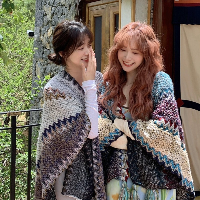 Scarf Women's Yunnan Ethnic Style Shawl Lijiang Xinjiang Xizang Travel Wear Qinghai Outer Knitted Cloak Cape Scarf Women's Yunnan Ethnic Style Shawl Lijiang Xinjiang Xizang Travel Wear Qinghai Outer Knitted Cloak Cape