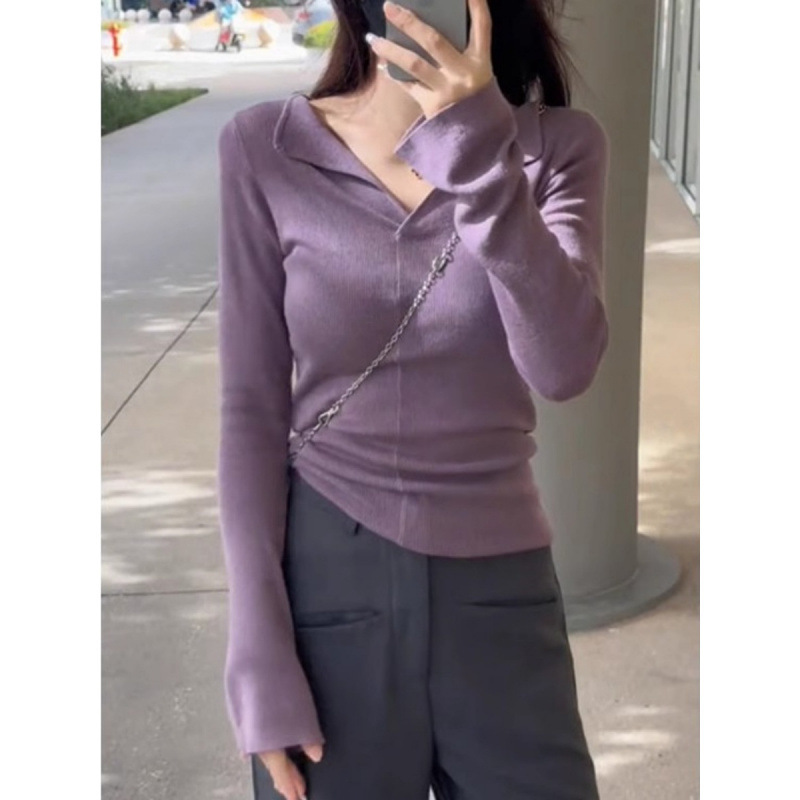 紫色翻领V领修身毛衣女春季2025辣妹显瘦针织长袖打底衫韩版上衣|undefined
