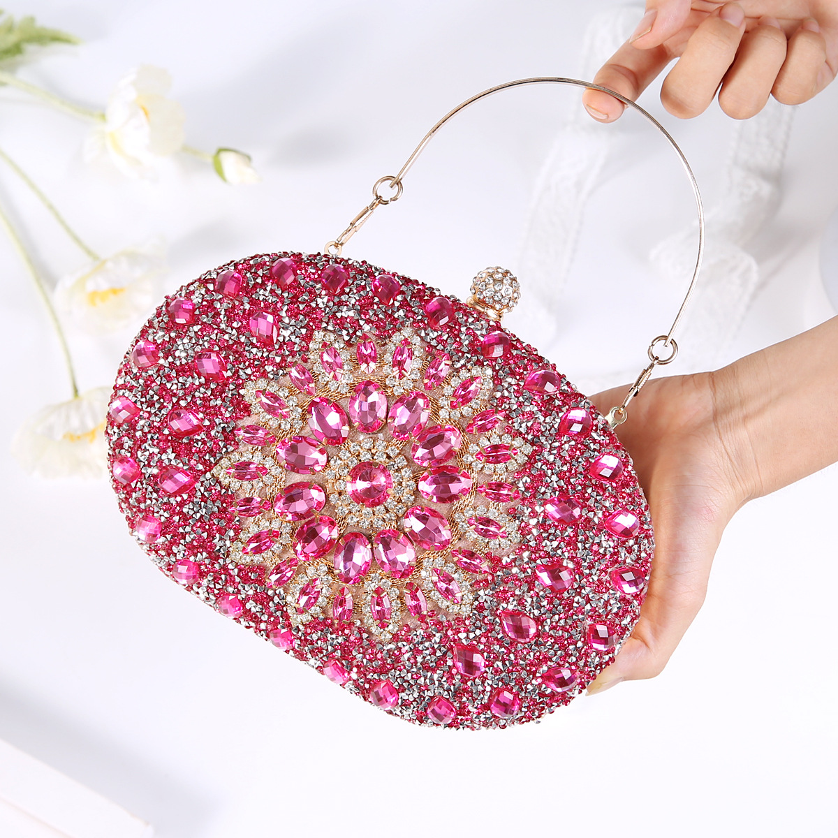 337g Weight Polyester Lining Material Lock clasp Closure Type Top Handle Strap Type Evening Bag Bags Type Party Occasion Pu Leather Material Printing Pattern All Seasons Season Women's Gender Diamond Design Elegant Style Oval Shape Small Size Pu Leather Printing Oval Evening Bags 13