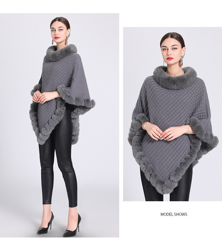 Pelzkragen Cape Cape Damen Strickpullover Pullover Cape Mantel_voghion.com