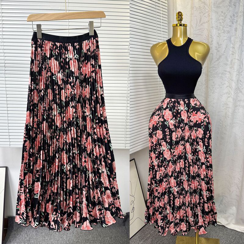 New Elastic Waist High Waist Floral Sweet Versatile A-Line Skirt Women's Mid-Length Printed Pleated Skirt New Elastic Waist High Waist Floral Sweet Versatile A-Line Skirt Women's Mid-Length Printed Pleated Skirt