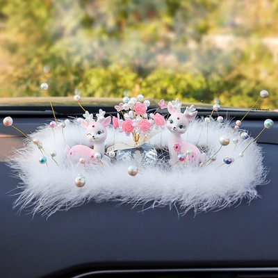 rose decoration, Car ornaments - colorful-starry-pearl-feather-pad-diamond-couple-deer-pink-colorful-pink-rose-starry-sky