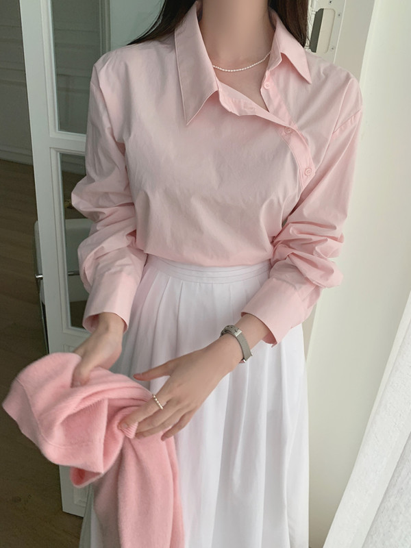 Korean design sense small chic spring and summer basic oblique buckle pullover long sleeve women's shirt women
