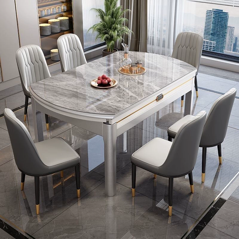 Итальянские блестящие каменные тарелки обеденный стол, стулья, комбинированный стол и стулья Набор современных минималистичных выдвижных складных круглых столов из цельного дерева