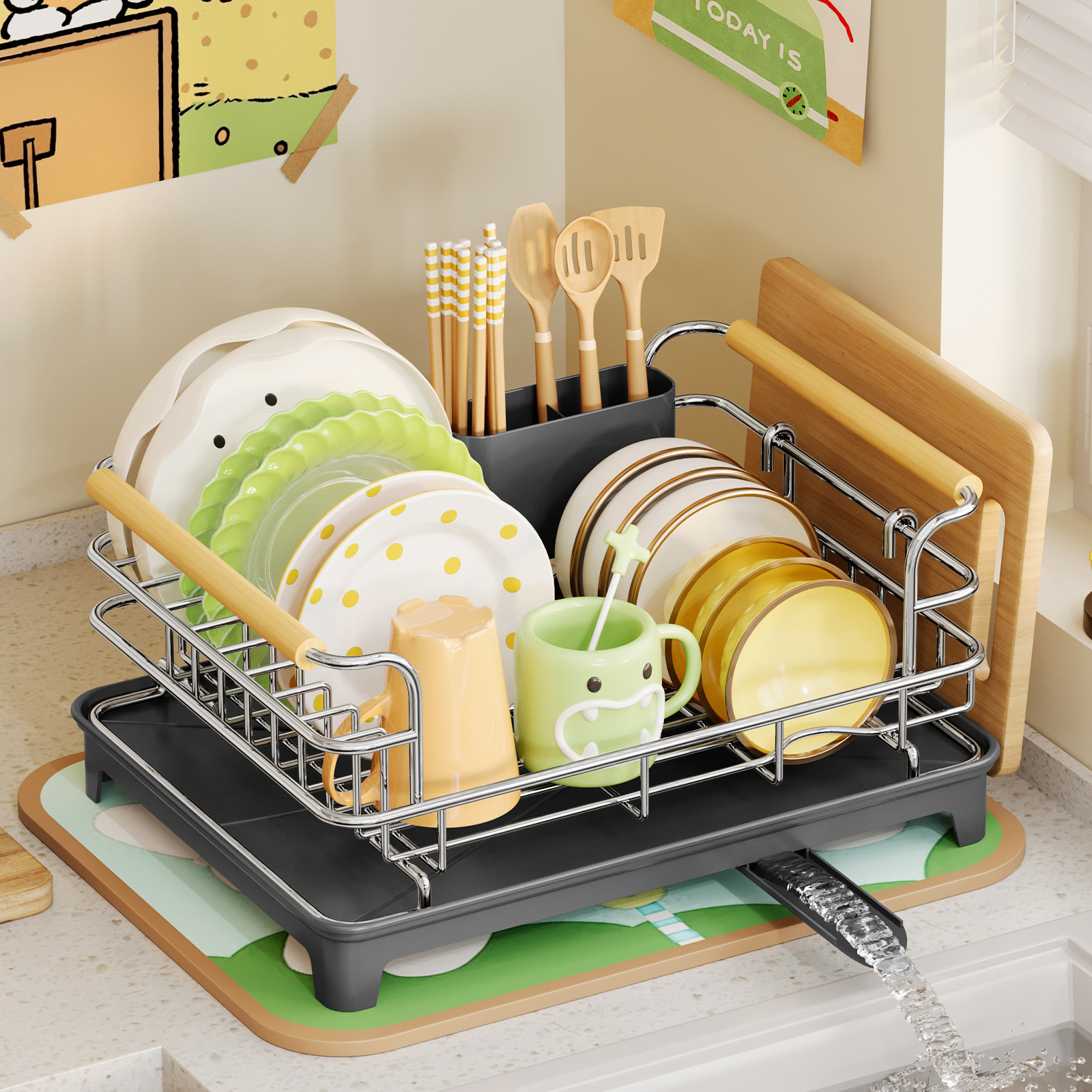Estante de cocina, estante de almacenamiento de platos, filtro de agua de una sola capa, canasta de platos, encimera, estante de secado para platos, estante de almacenamiento y drenaje