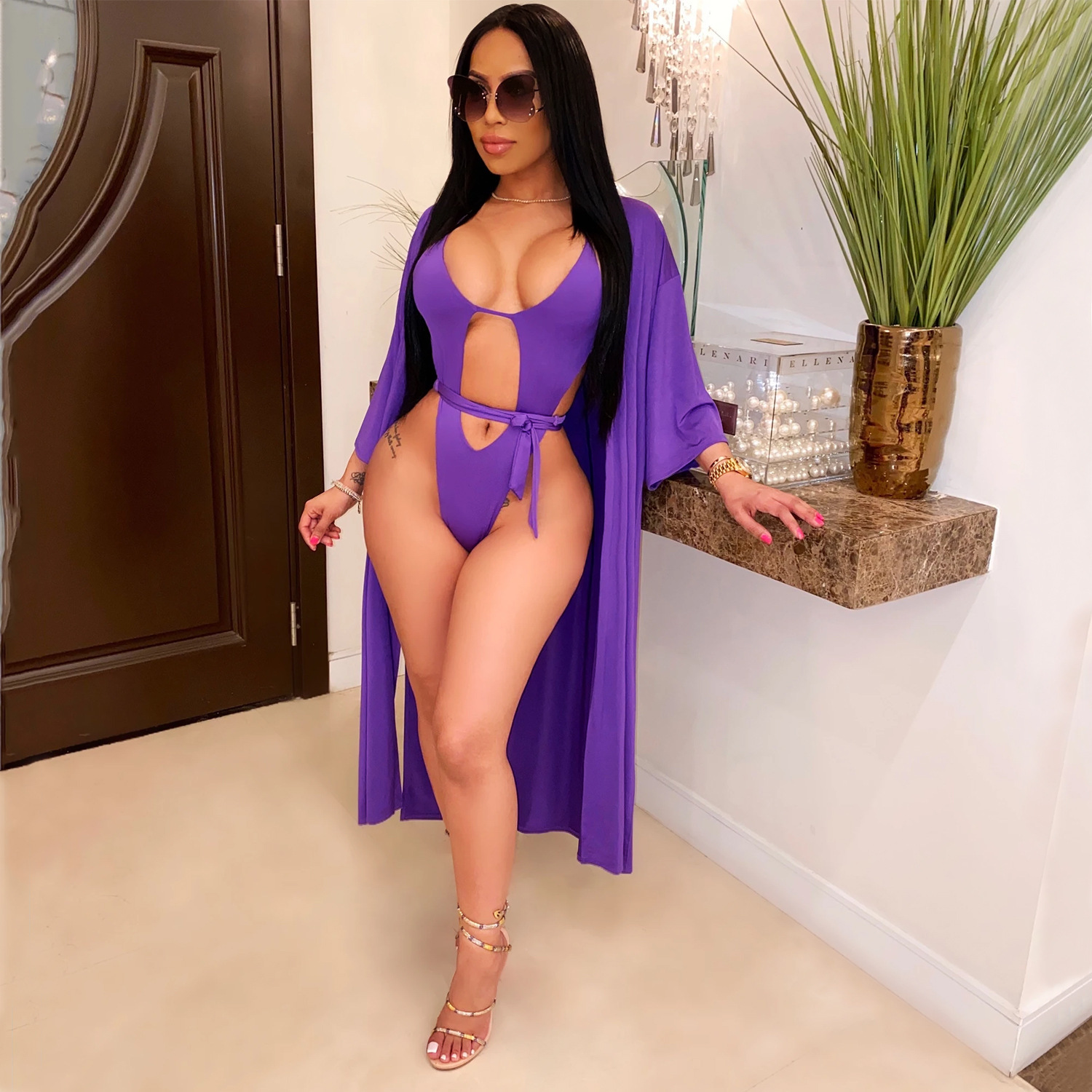 Traje de Baño Entero con Salida de Baño de Mezcla de Algodón y Poliéster, Color Liso, para Playa y Piscina image 6