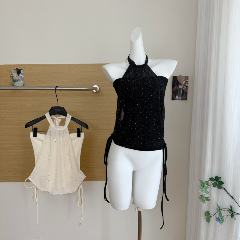 Designed Chest-Wrapped Halterneck Sparkling Mesh Splicing Vest Women's Summer Slim Lace-Up Top