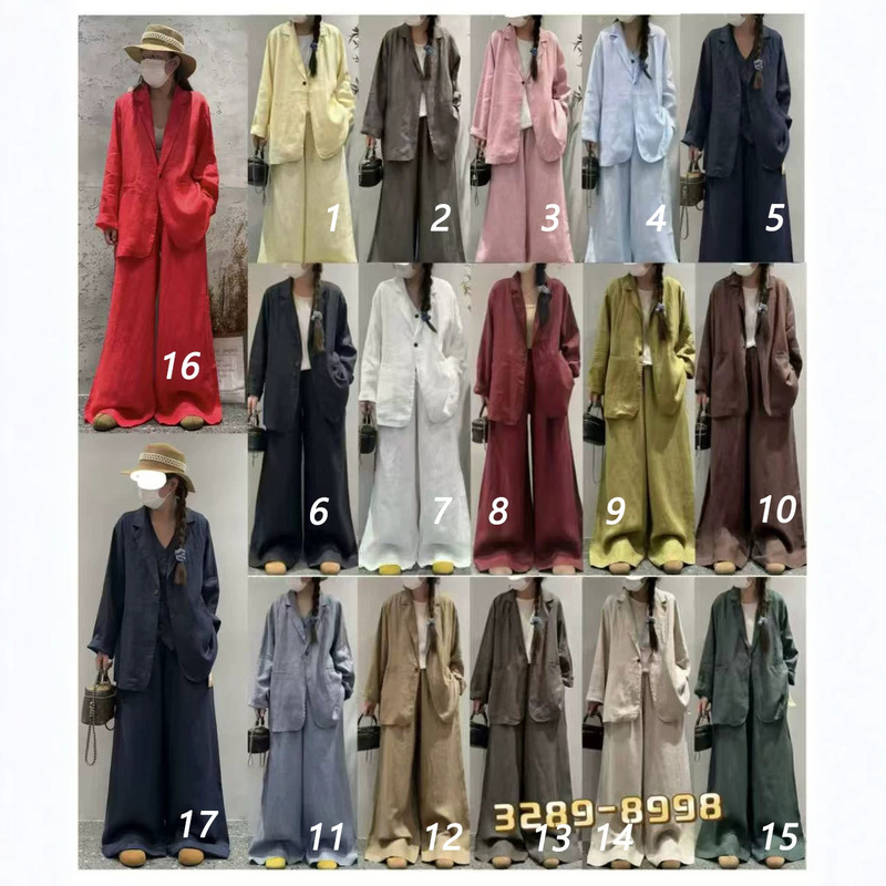 Versatile Linen Suit Collar Loose Casual Jacket + Casual Pants New Solid Color Retro Style Slimming Set for Women