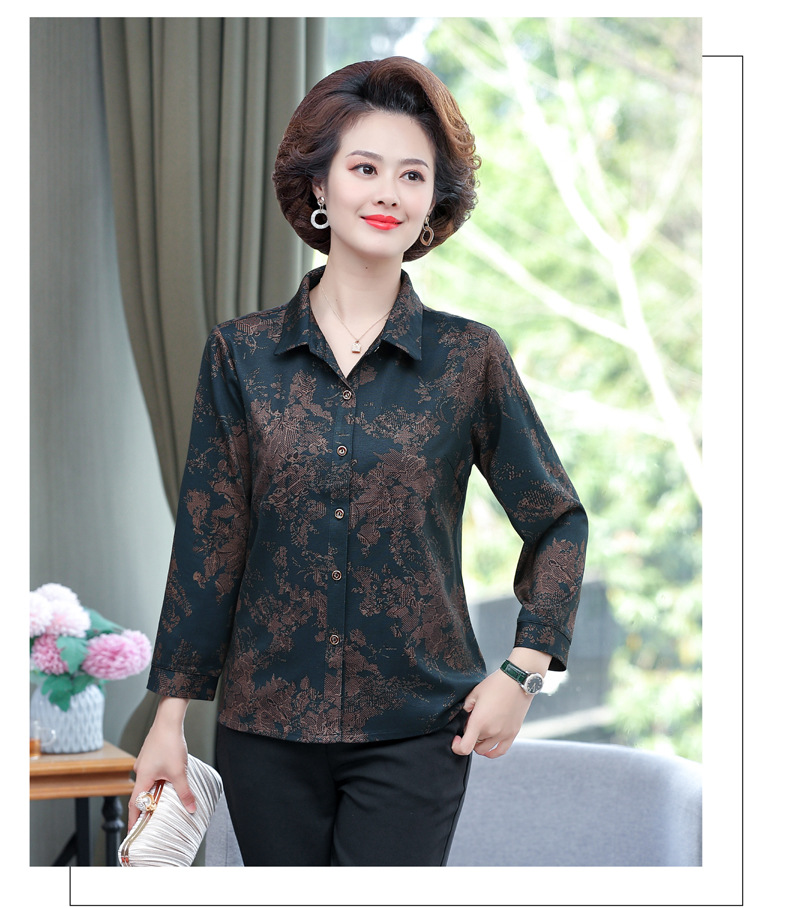 印花女士衬衫长袖妈妈装开衫