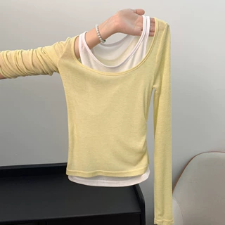 纯欲假两件收腰褶皱长袖T恤女春季撞色背心式内搭辣妹打底衫上衣