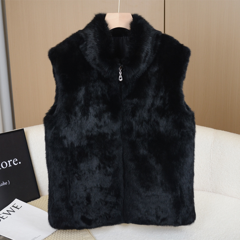 Men's Fur Vest Made of Real Rabbit Fur, Integrated Leather and Fur, Fluffy Casual Zip-Up Vest