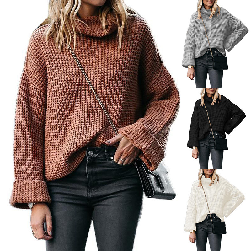 Damen Herbst und Winter Stehkragen Strick Locker Einfarbig Mode Pullover Pullover_voghion.com