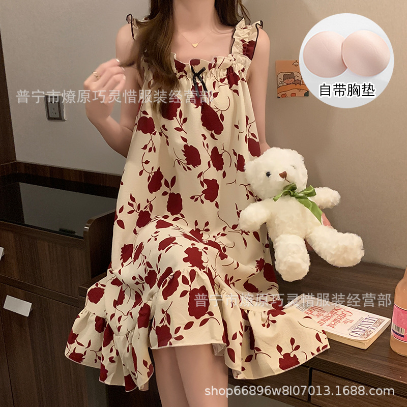 Pijama de cabina para mujeres polvo de cereza de verano algodón trenzado cojín de pecho pijama largo viento rojo de primavera y verano ropa para el hogar