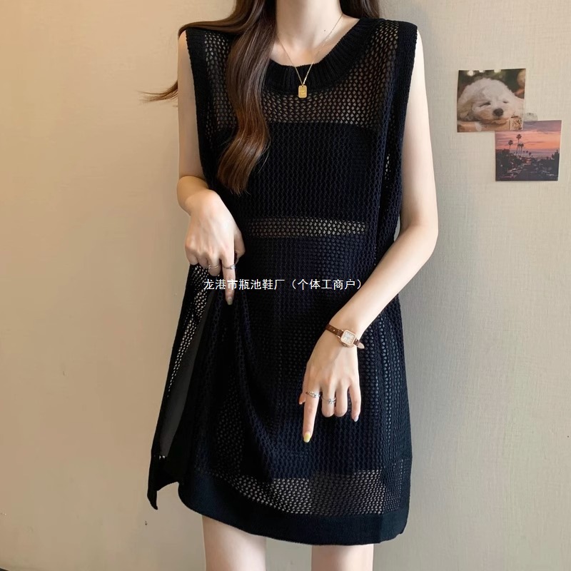 2025 Popular Knitted Vest Vest for Women Summer Plus Size Fat mm Layered Blouse Mid-Length Butt-Covering Top