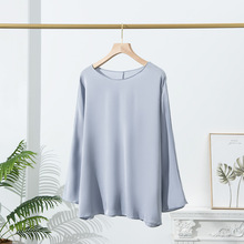 新款真丝t恤女长袖大码圆领桑蚕丝上衣纯色宽松秋季通勤女装批发