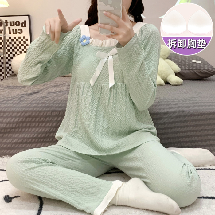 Primavera y otoño nuevo pijamas de las mujeres tejido crepe cuello cuadrado pullover pantalones manga larga con almohadilla en el pecho dulce desgaste del hogar traje