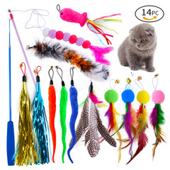 Cross-border cat toy set: Caterpillar-shaped replacement heads with feathers, colorful fur balls, tassels, and a retractable fishing rod-style teaser wand.