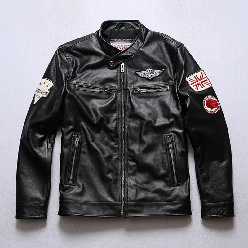 Leather short fitted jacket, genuine leather, cowhide