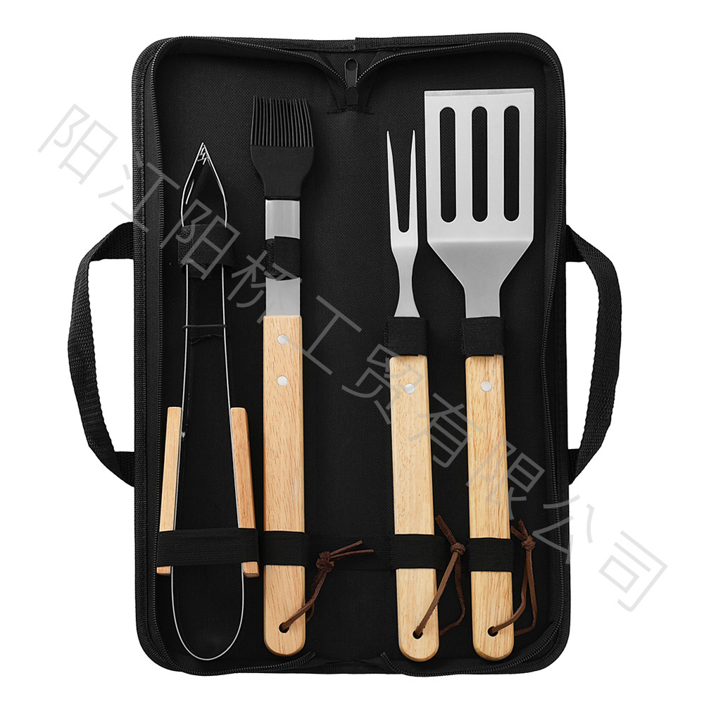 Fábrica de acero inoxidable en stock BBQ camping mango horquilla bolsa de cascada combinación de herramientas de barbacoa al aire libre