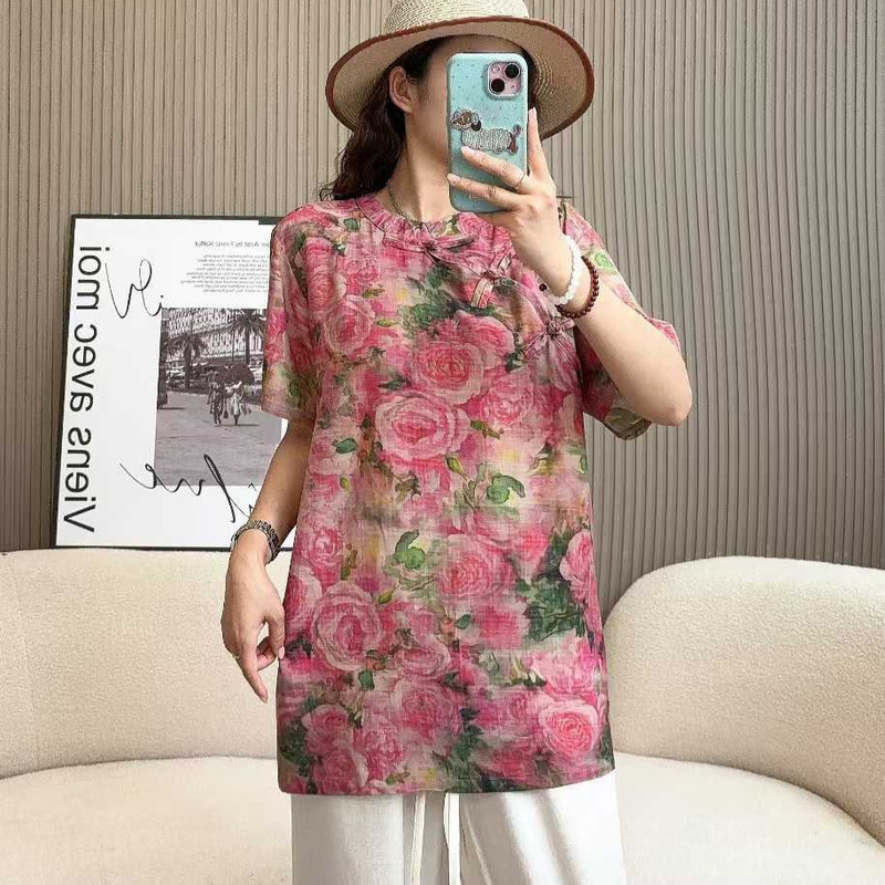 Cotton Silk Short-Sleeved T-Shirt 2025 Summer New Retro Loose Round Neck Literary Artificial Cotton Chinese Shirt Top for Women Cotton Silk Short-Sleeved T-Shirt 2025 Summer New Retro Loose Round Neck Literary Artificial Cotton Chinese Shirt Top for Women