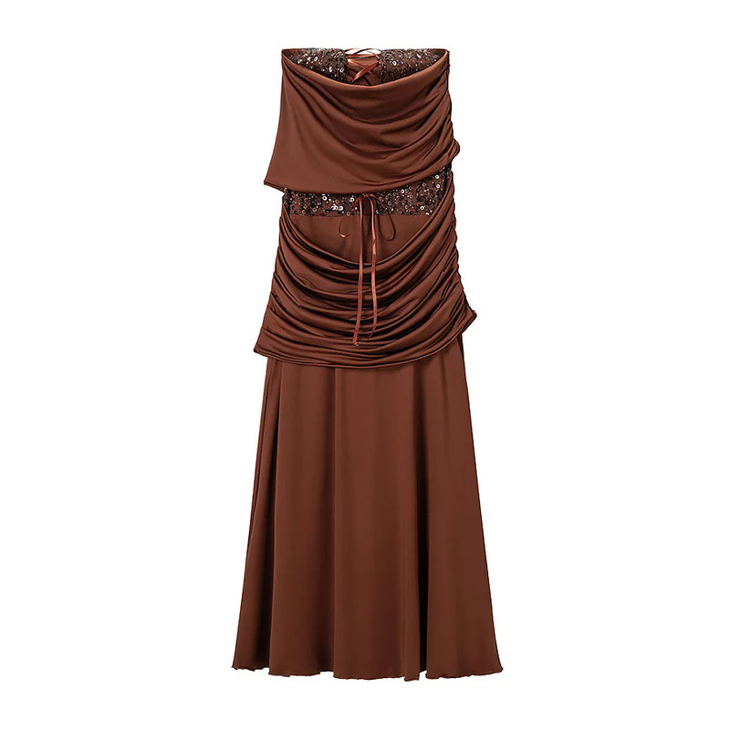 Aliexpress Cross-Border 2026 New Model Elegant and Stylish One-Shoulder Semi-Transparent Embellished Flared Hem Long Dress