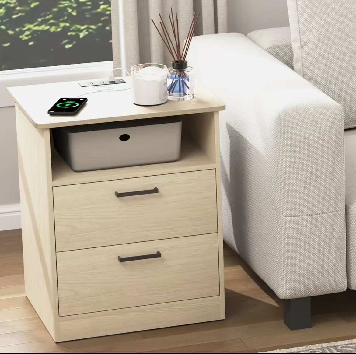 Modern Nightstand with Two Drawers, Bedside Table with Charging Station, 2 Ac Outlets and 1 USB Port