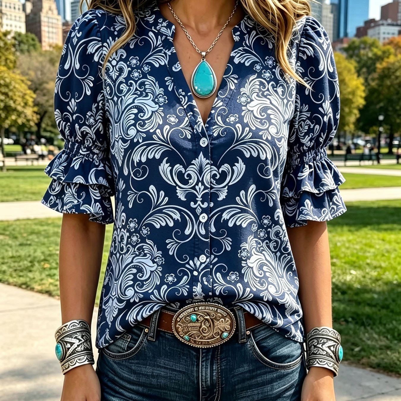 Transfronterizo exclusivo para camisas de impresión vintage mujeres sueltas de cuello en V de manga corta chaqueta bohemiana Europa y América nuevo transfronterizo image 10