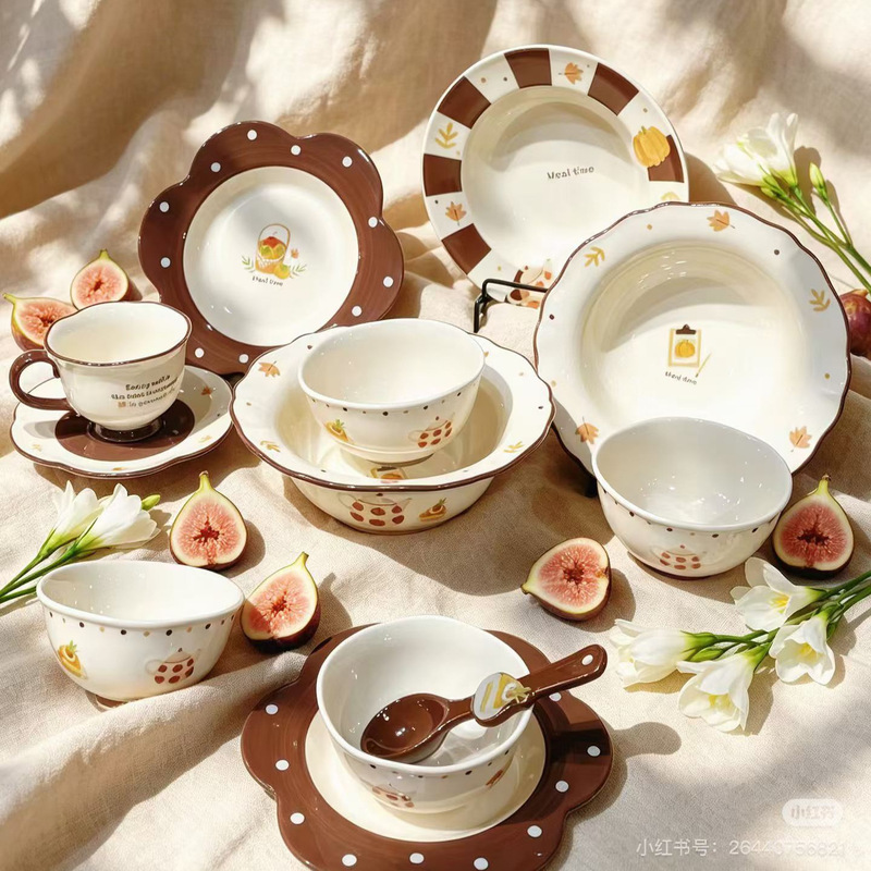 Autumn Story Cartoon Ceramic Household Breakfast Bowl Dessert Plate High-Value Rice Bowl Tableware Set Cute Dinner Plate