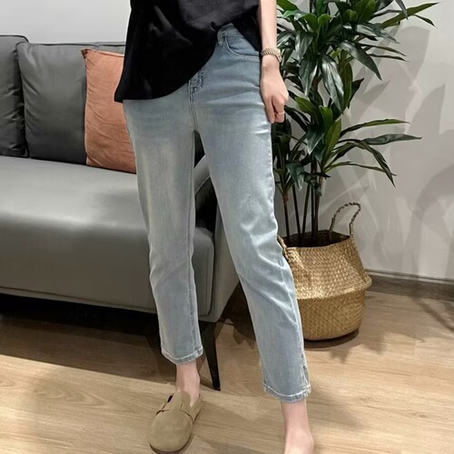 Autumn new style large size elastic split nine-cent straight jeans women's fat mm slimming high waist eight-cent cigarette tube pants