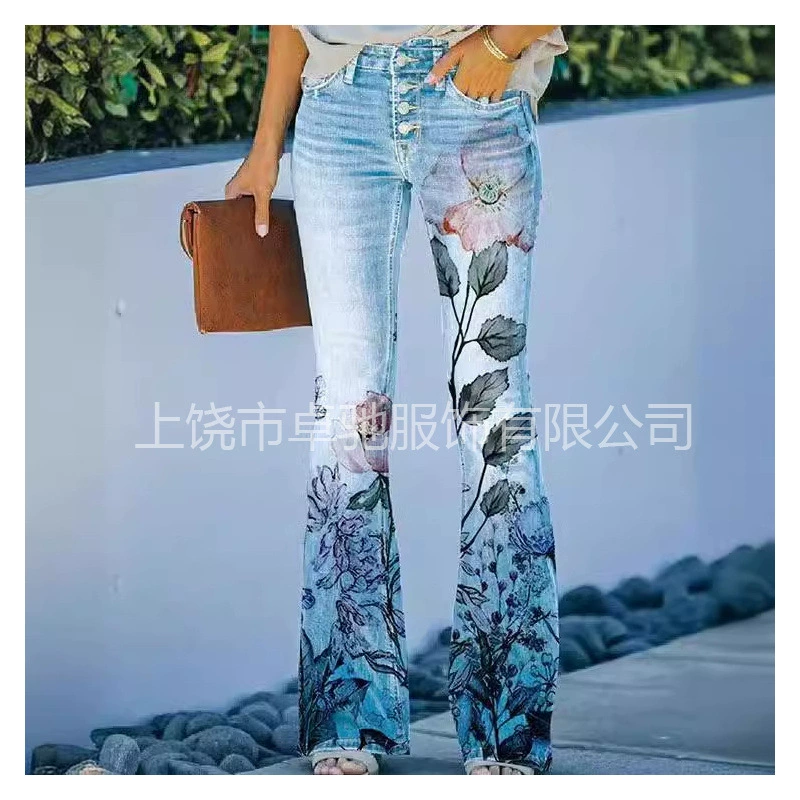 2025 Независимая станция Новый AliExpress Ebay Европейская и Американская внешняя торговля большие размеры женские повседневные брюки цветы тонкие брюки