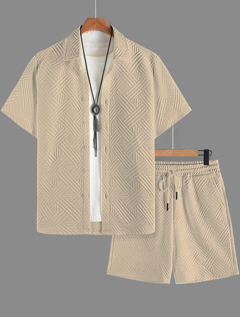 Nuevo comercio exterior transfronterizo nuevo hombre de verano Jacquard de color sólido con solapa Cardigan con solapa Casual camisa de manga corta set