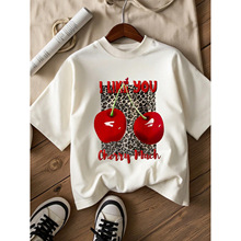 欧美跨境外贸圆领宽松短袖樱桃水果印花图案夏季新款T恤女士衫