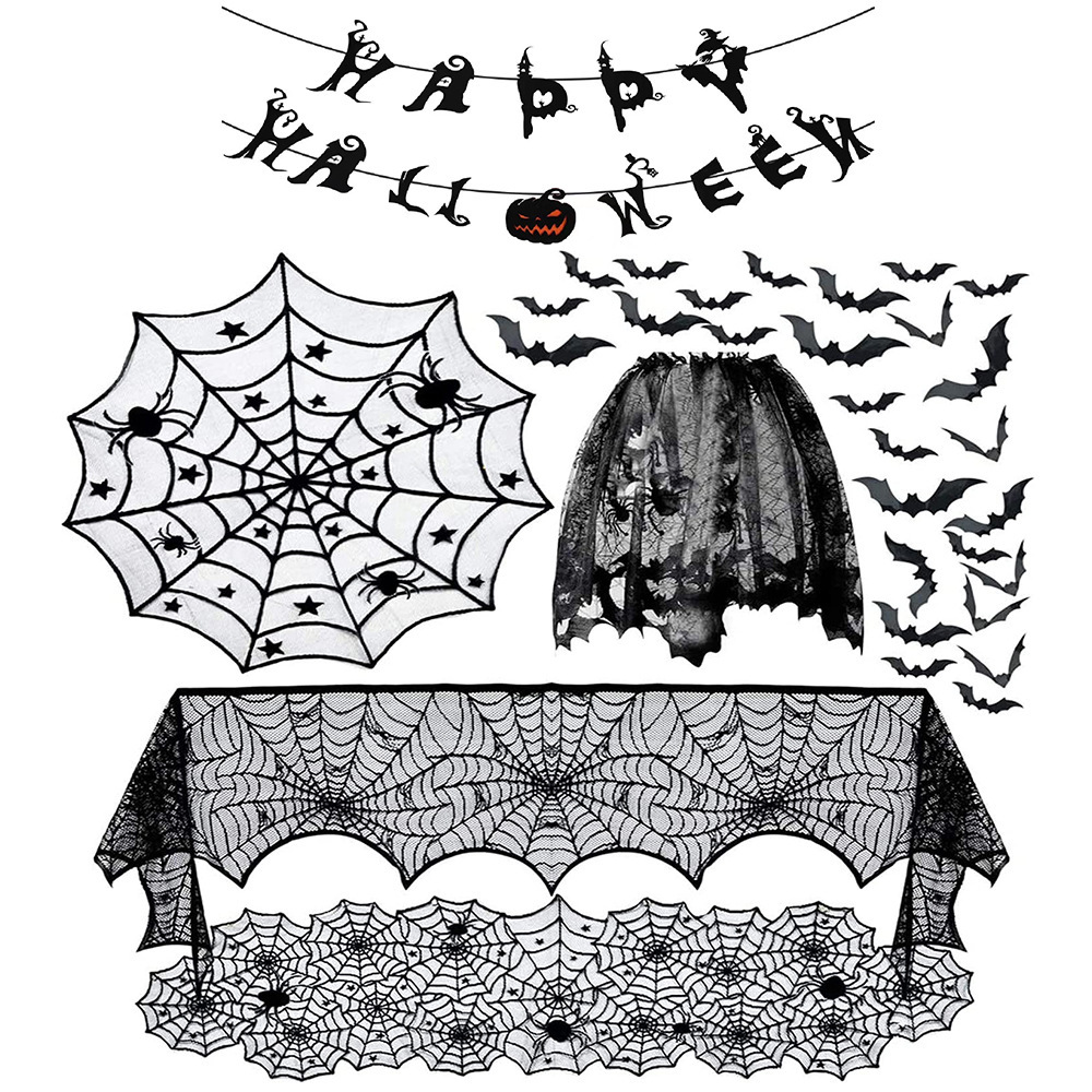 Toalla de mesa de Halloween telaraña toalla de chimenea de encaje telaraña bat tabla bandera de pantalla de lámpara de decoración de Halloween
