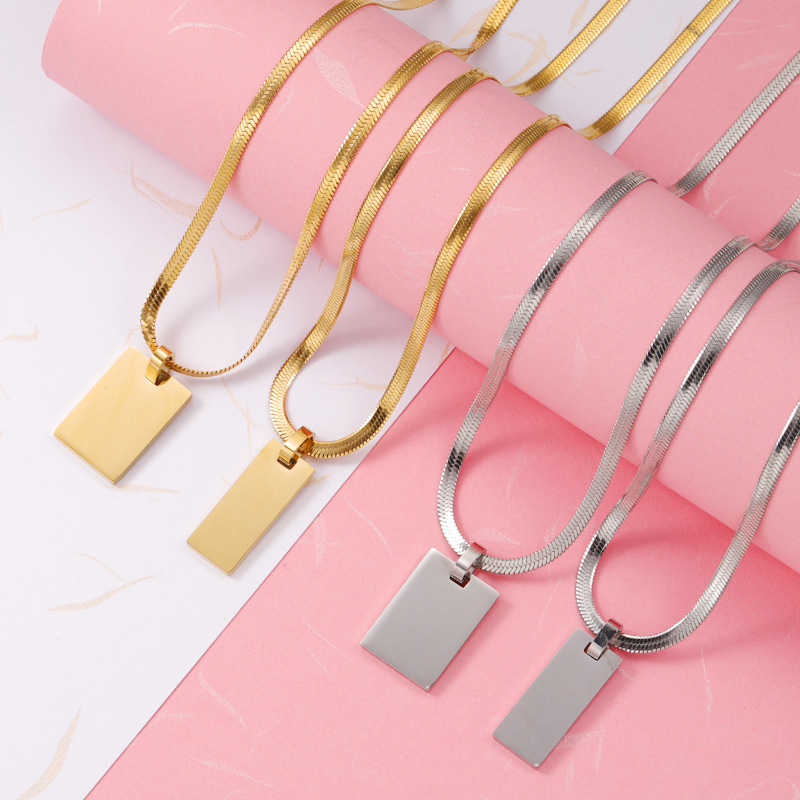 304 Stainless Steel Pendant Material Wholesale Jewelry Simple Style Rectangle 304 Stainless Steel Pendant Necklace Snake Chain